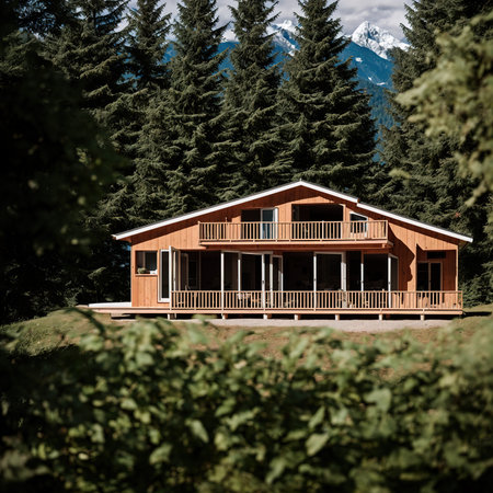 Generative AI, Luxury wooden villa in the forest outdoorsの素材