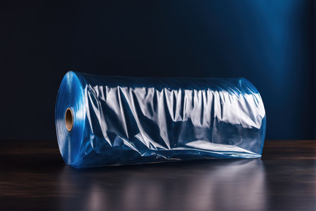 Close-up of a delicate roll of plastic on a dark backgroundの素材