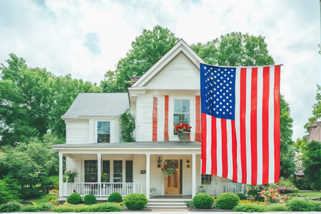 House covered with American flagsの素材