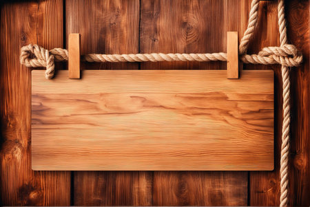 Close-up of blank hemp rope wooden notice boardの素材