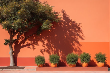 Green plants and trees in front of retro red wall buildingの素材