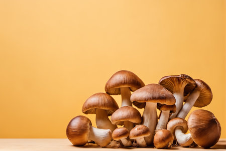 A pile of fresh mushrooms on a light yellow backgroundの素材