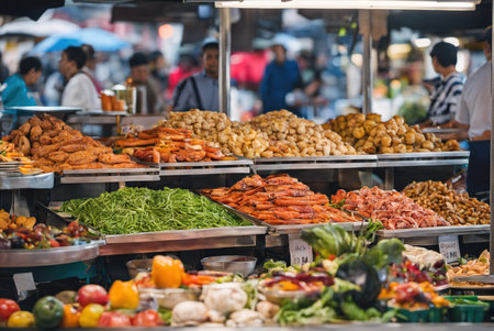 Bustling and bustling Southeast-style food market stallsの素材
