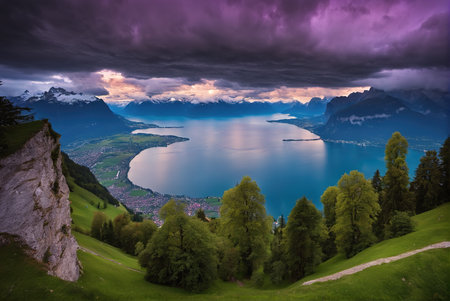 Bustling city and lake district scenery under purple dark clouds in bad weather at nightの素材