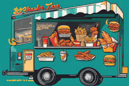 Delicious fried chicken and burgers in front of a food truck in an American food districtの素材