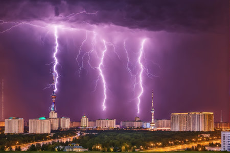 Bustling city with lightning in bad rainstorm weather at nightの素材