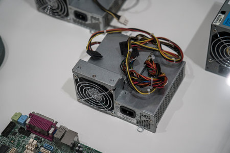 Various old computer motherboards and computer accessoriesの写真素材