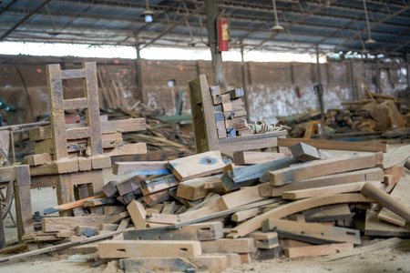 A busy and messy furniture processing factory