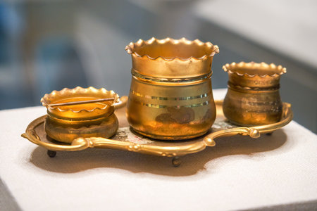 Beautiful metal brass wineware and tablewareの写真素材