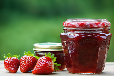 Fresh glass jar filled with strawberry jamの素材