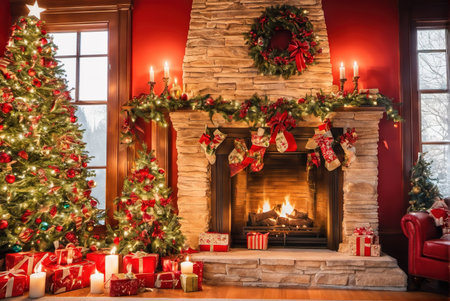 Cozy Christmas interior stove closet decoration and Christmas tree giftsの素材