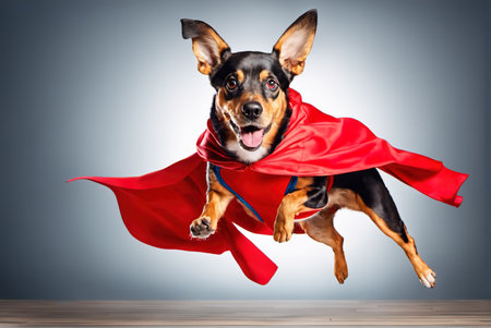 A cute dog wearing a Superman suitの素材