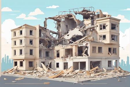 The ruins of a residential building with broken wallsの素材