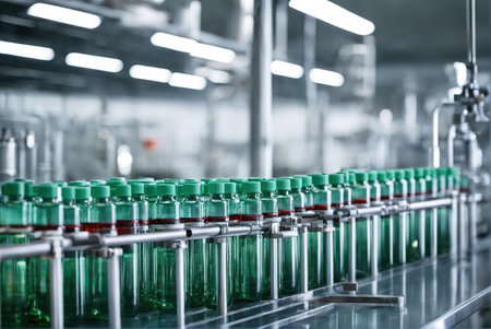 Small bottles glass on a fully automatic assembly line in the modern food and drug industry