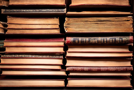 Close-up of collection of books on old retro bookshelfの素材