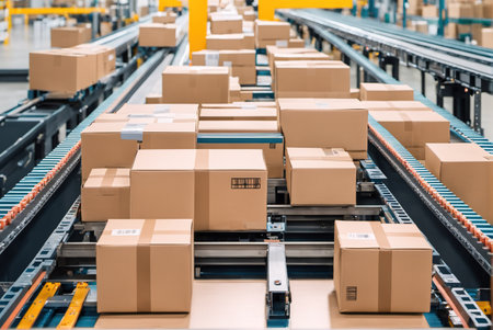 Close-up of cartons on transportation assembly line in express factoryの素材