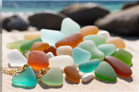 Close-up of colorful gemstones polished by sea water on the beachの素材