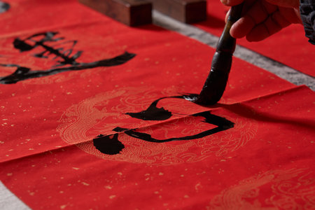 An old calligrapher writes couplets during the Chinese Year of the Dragon. Translation: Good luck in...