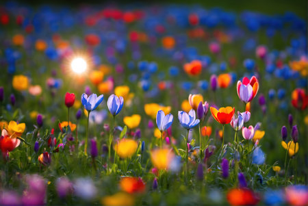 A colorful field of tulips outdoors in the mountainsの素材