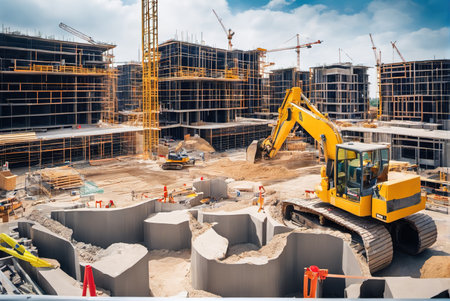 Excavator in busy messy construction siteの素材
