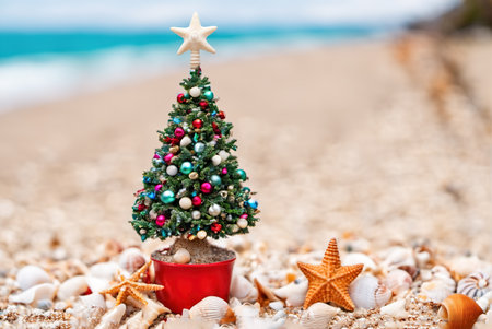 Christmas tree with decorations on the beachの素材