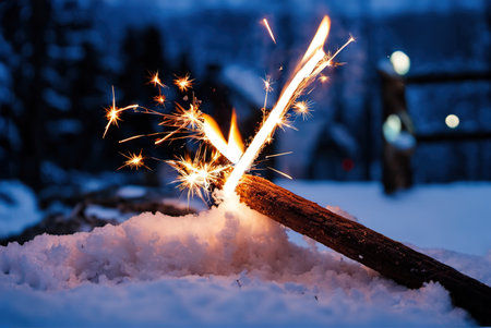 Playing with fireworks in the snow at nightの素材