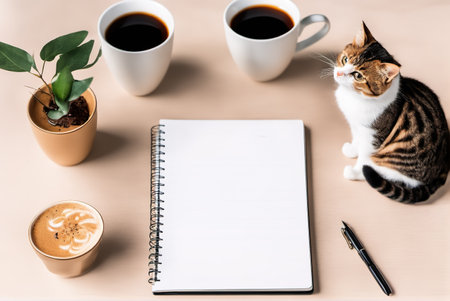 An office desk with coffee and kitten and a 2024 New Year notebookの素材