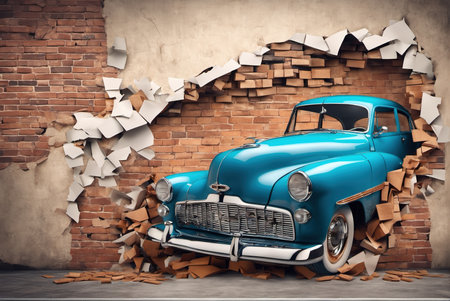 A retro car crashed through a wallの素材