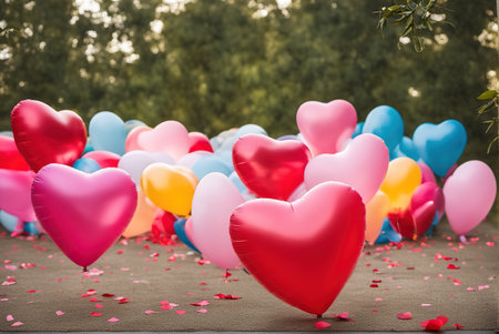 Pile of love balloons outdoors in the park, Valentine's Dayの素材