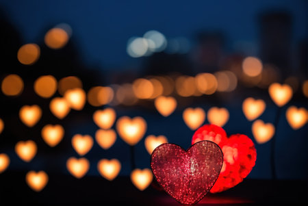 Valentine's Day love model in front of blurred background at nightの素材