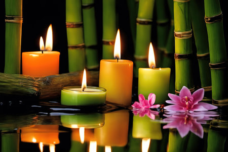 SPA scene warm scented candle in front of bambooの素材