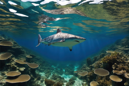 A deep and clean underwater world filled with corals and a sharkの素材