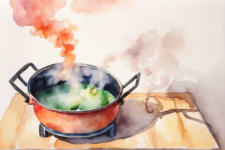 Steaming hot pot in colorful watercolor styleの素材