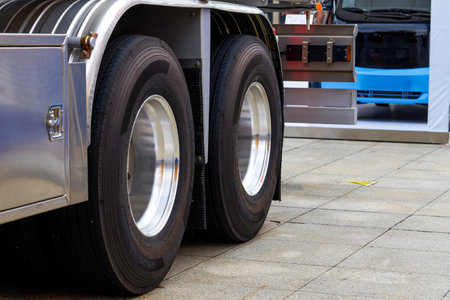 Close up of wheels of a modern semi-trailer truck.の写真素材