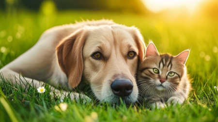 Golden retriever dog and cat lying together on green grass in summer.の素材