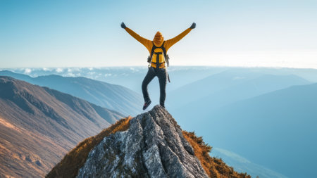 Happy woman with arms outstretched standing on top of a mountain.の素材