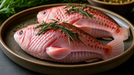 Raw tilapia fish with rosemary and spices on a plateの素材