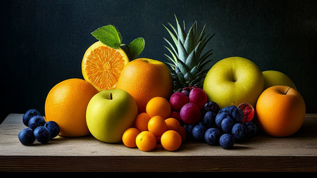 Composition with fresh fruits on wooden table. Healthy food background.の素材