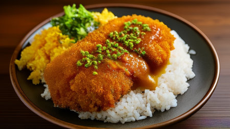 Japanese food, fried cutlet with rice on a wooden background.の素材