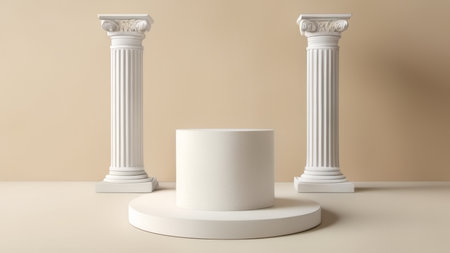 3d rendering of white marble pedestal with column on beige backgroundの素材