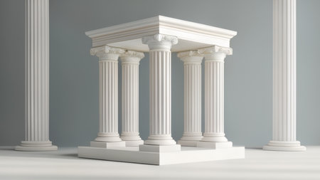 Antique greek columns on gray background. 3d render illustrationの素材