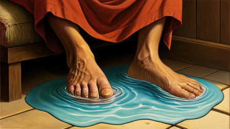Feet of a buddhist monk in meditation with blue waterの素材