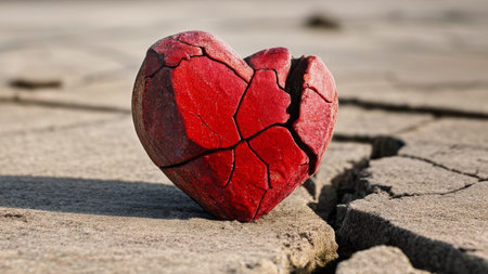 Red broken heart on the ground. Broken heart. The concept of love.の素材