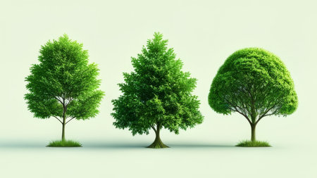 Green trees set isolated on white background. 3d render illustration.の素材