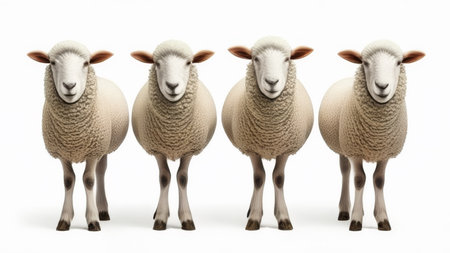 Sheep standing in a row on a white background. 3d renderingの素材