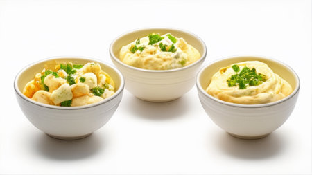 Three bowls of hummus with cheese and parsley on white backgroundの素材