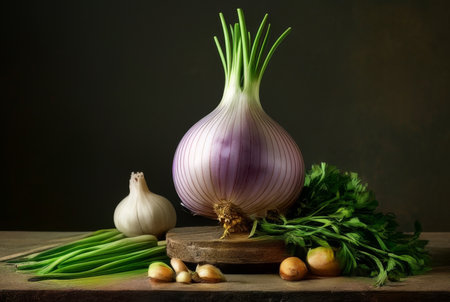 Still life with onion, garlic and parsley on a dark backgroundの素材
