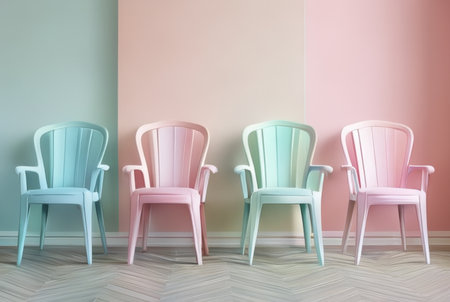 3D render of a set of chairs in pastel colors.の素材