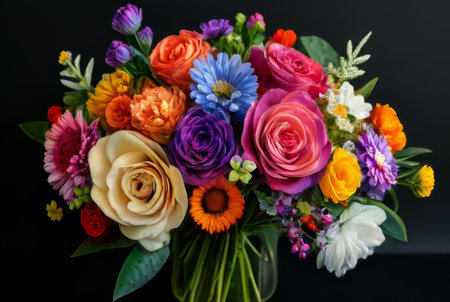 Bouquet of colorful flowers on black background. Flat lay.の素材