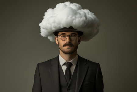 Portrait of a businessman with a cloud in his head. Gray background.の素材